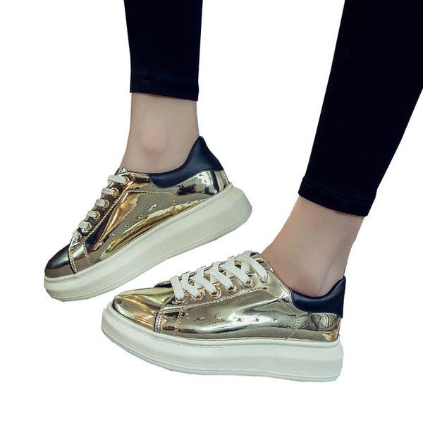 HEE GRAND Patent Leather Creepers Platform Shoes Woman 2017 Casual Loafers Gold Silver Flats Lace-Up Women Shoes XWC1010