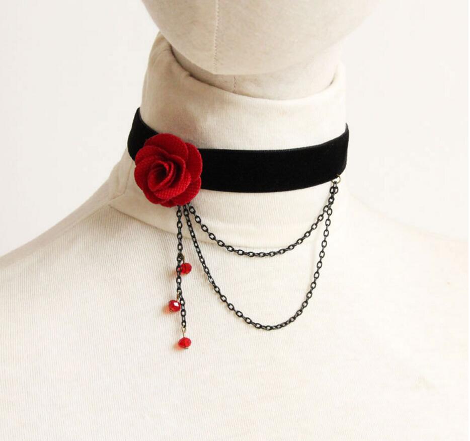 Fashion Women Retro Gothic Black Red Flower Lace Necklace Collar Choker, Elegant Beaty's Head Necklace For Women C286