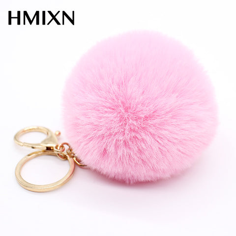 Big faux leather 8CM Fur PomPom KeyChain Rabbit Hair Bulb Bag pom pom Ball key chain Pendant poret clef for women Lovely Fluffy