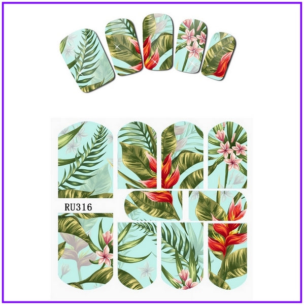 Nail Sticker WATER DECAL SLIDER FLOWER FLORID JUNGLE LEAVES LFAF TURTLE SHELL BANBOO HOT SUMMER RU313-318