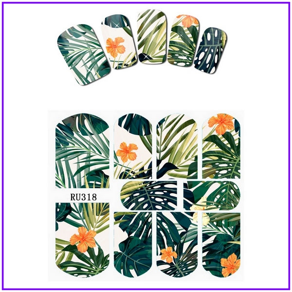 Nail Sticker WATER DECAL SLIDER FLOWER FLORID JUNGLE LEAVES LFAF TURTLE SHELL BANBOO HOT SUMMER RU313-318