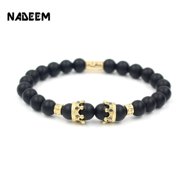 New Fashion Matte Onyx Stone Bead Bracelet For Men Popular Boys Imperial Crown Braiding Brand Macrame Charm Bracelet Gift RB2794
