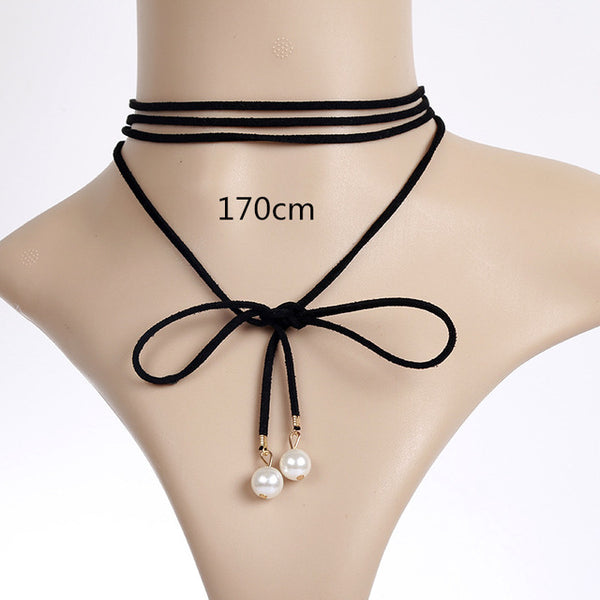 2016 Fashion Torques Pure Black Velvet Leather Feather Cross 150cm Long Necklace False Collar Chokers Necklace Women Jewelry