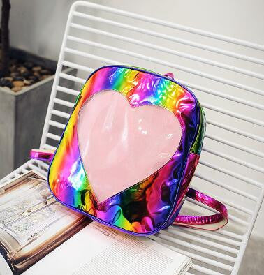 lovielf NEW Women Girls Ins Cute Love Heart Rainbow laser Bling Transparent Travel Backpack