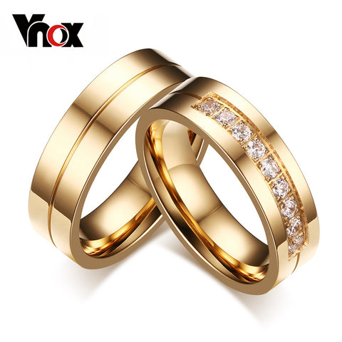 Vnox Trendy Wedding Bands Rings for Women / Men Love Gold-color Stainless Steel CZ Promise Jewelry