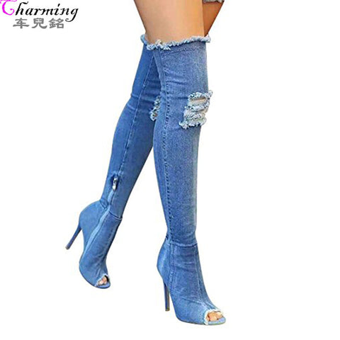 2017 Hot Women Boots summer autumn peep toe Over The Knee Boots quality High elastic jeans fashion boots high heels plus size