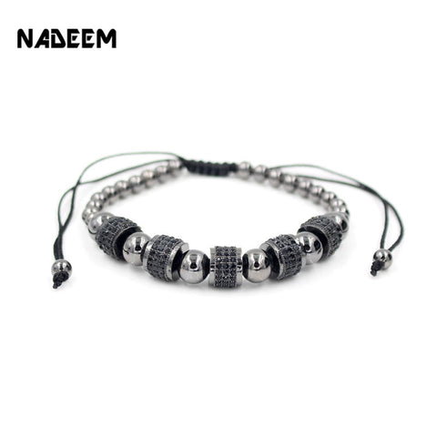 2017 Newest Adjustable Men Bracelet Round Bead Micro Pave Black CZ Crystal Macrame Weave Braided Charm Bracelets Jewelry ND4292