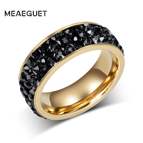 Meaeguet Jewelry Women 3-Row Lines Paved Crystal Rings Gold-Color Stainless Steel Wedding Band Ring Width 8mm