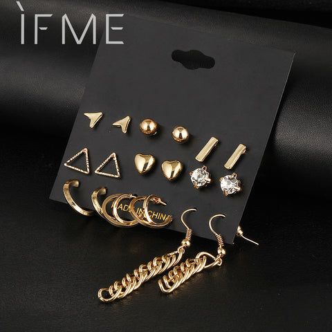 9 pcs/Set Crystal Heart Gold Color Stud Earrings Tassel Triangle Vintage Silver Color Earring Set For Women Jewelry Oorbellen