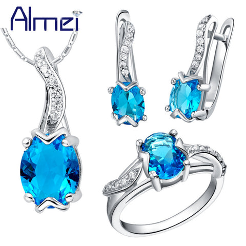 Almei 50%Off Costume Jewelry Set Silver Blue Cubic Zirconia Wedding Accessories Necklace And Earring Rings Women Bisuteria T232