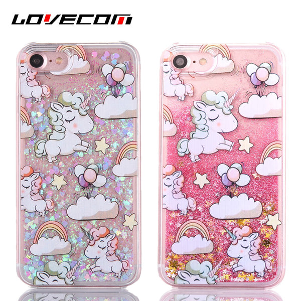 Cartoon Rainbow Horse Dynamic Paillette Glitter Stars Water Liquid Case For iPhone 5 5S SE 6 6S 7 7 Plus Plastic Covers YC1990