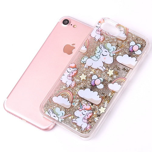 Cartoon Rainbow Horse Dynamic Paillette Glitter Stars Water Liquid Case For iPhone 5 5S SE 6 6S 7 7 Plus Plastic Covers YC1990