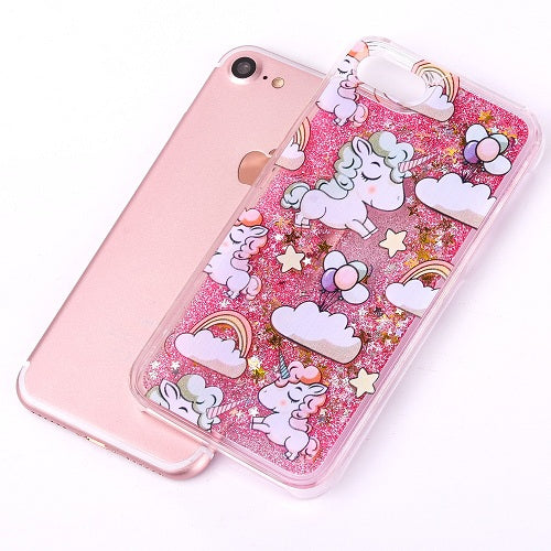 Cartoon Rainbow Horse Dynamic Paillette Glitter Stars Water Liquid Case For iPhone 5 5S SE 6 6S 7 7 Plus Plastic Covers YC1990