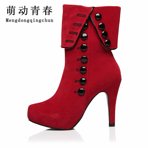 Women Ankle Boots High Heels 2016 Fashion Red Shoes Woman Platform Flock Buckle Winter Boots Ladies Shoes Female Botas Femininas