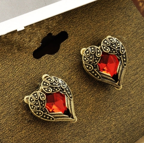 Er177 Hot Fashion Vintage Retro Angel Wings Peach Heart Semi-precious Stones Red Crystal Stud Earrings For Women Jewelry Gift