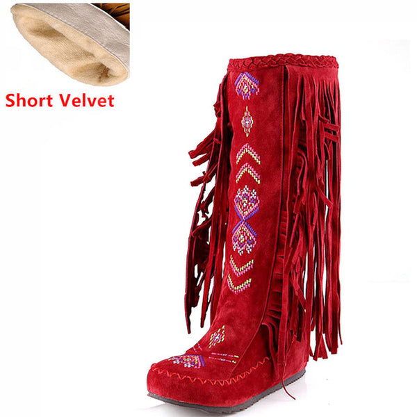 KemeKiss Fashion Chinese Nation Style Flock Leather Women Fringe Flat Heels Long Boots Woman Tassel Knee High Boots Size 34-43