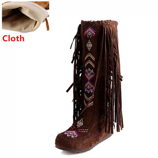 KemeKiss Fashion Chinese Nation Style Flock Leather Women Fringe Flat Heels Long Boots Woman Tassel Knee High Boots Size 34-43