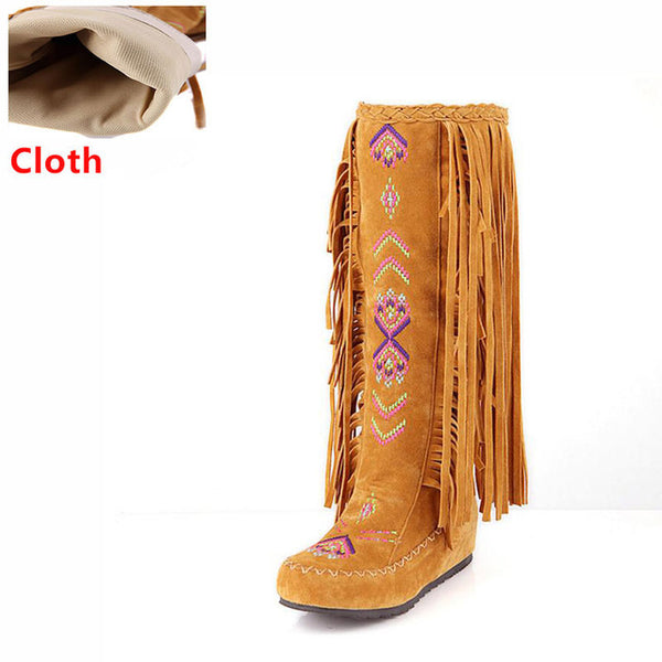 KemeKiss Fashion Chinese Nation Style Flock Leather Women Fringe Flat Heels Long Boots Woman Tassel Knee High Boots Size 34-43