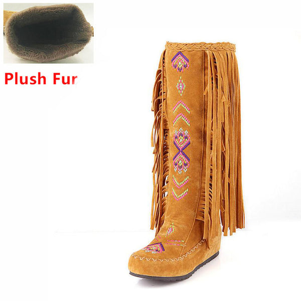 KemeKiss Fashion Chinese Nation Style Flock Leather Women Fringe Flat Heels Long Boots Woman Tassel Knee High Boots Size 34-43