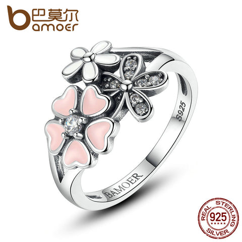 BAMOER 925 Sterling Silver Pink Flower Poetic Daisy Cherry Blossom Finger Ring for Women Engagement Fashion Jewelry SCR004