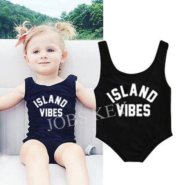 ISLAND VIBES Letter Women Swimsuit 2017 Sexy Low Back High Cut Swimwear Kids Bathing Beachwear Girls One Piece Black Bodysuit