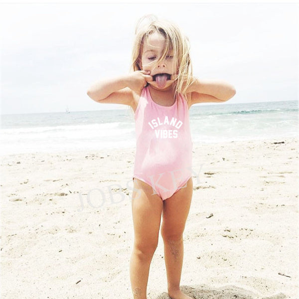 ISLAND VIBES Letter Women Swimsuit 2017 Sexy Low Back High Cut Swimwear Kids Bathing Beachwear Girls One Piece Black Bodysuit