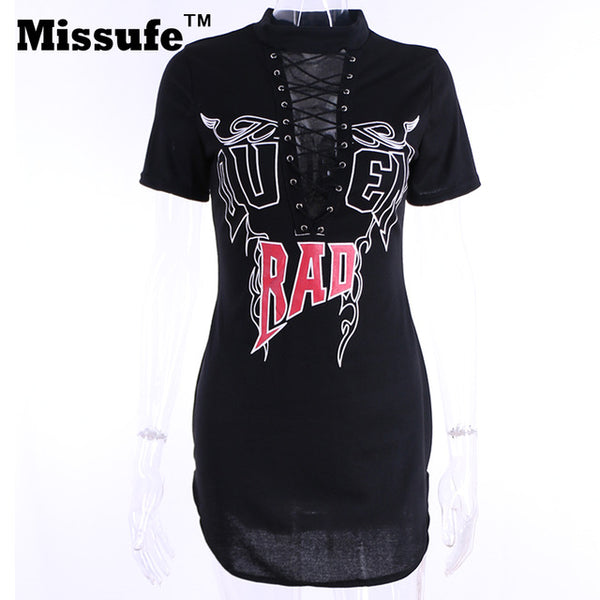 Missufe Print Sexy Choker Neck Lace Up Mini Women Dress 2017 Vestido Short Sleeve Casual Night Club Party Tshirt Summer Dresses