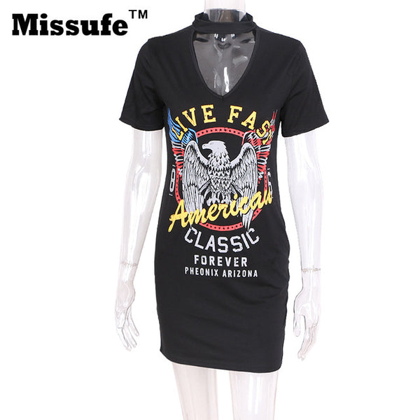 Missufe Print Sexy Choker Neck Lace Up Mini Women Dress 2017 Vestido Short Sleeve Casual Night Club Party Tshirt Summer Dresses