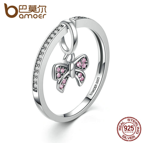 BAMOER Lovely Real 925 Sterling Silver Pink Bow Knot Finger Rings for Women and Girl Fashion DIY Jewelry SCR013