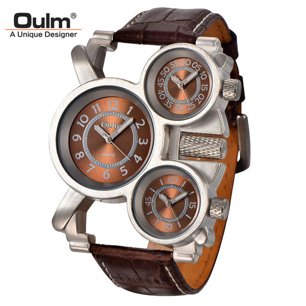 Oulm Mens Watches Top Brand Luxury Famous Tag Men's Military Wrist Watch 3 Time Zone Male Clock Leather Quartz Watch Man