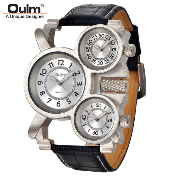 Oulm Mens Watches Top Brand Luxury Famous Tag Men's Military Wrist Watch 3 Time Zone Male Clock Leather Quartz Watch Man