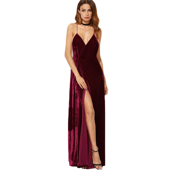 COLROVIE Burgundy Velvet Maxi Backless Dress Womens Autumn Party Dresses Deep V Neck Long Elegant Dress New Strappy Wrap Dress