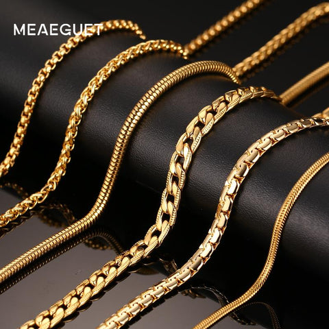 Meaeguet Classic Men's Stainless Steel Snake/Box/Hanging/Curb/Flat/Twist Chain 24inch Gold-Color Long Necklace Wide 3mm/6mm