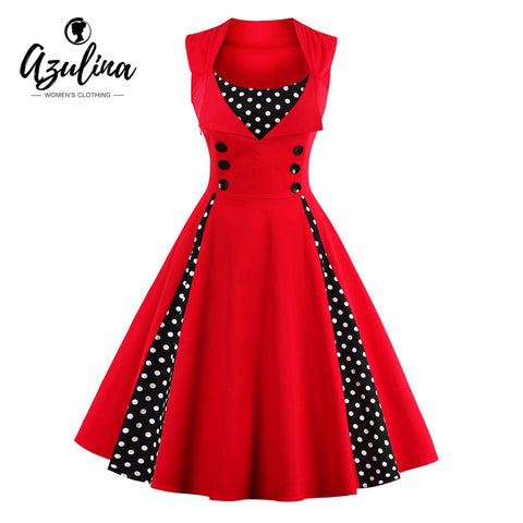 AZULINA 50s 60s Vintage Retro Women Dress Sleeveless Polka Dot Party Vestido Elegant Patchwork Red A Line Big Plus Size 4XL