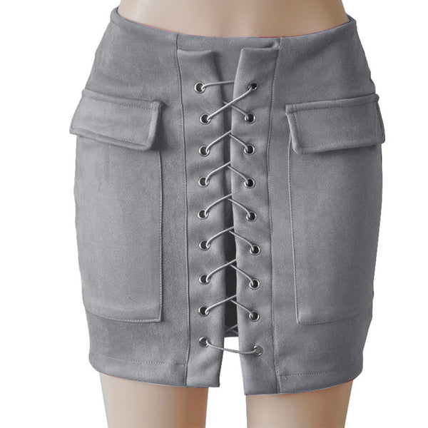 Fashion Womens Autumn Lace-up Leather Suede Pencil Skirts Winter Cross High Waist Mini Skirt Zipper Split Bodycon Short Skirts