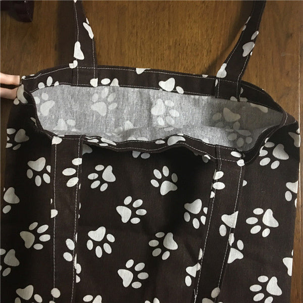 YILE Handmade Cotton Linen Eco Shopping Tote Shoulder Bag Print Paws Brown Base 1759-1