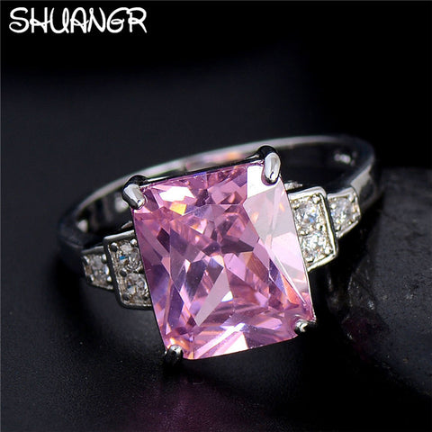 SHUANGR Vintage Silver-Color Ring Pink & white Square Clear CZ Cubic Zirconia Wedding Finger Rings Crystal Jewelry For Women