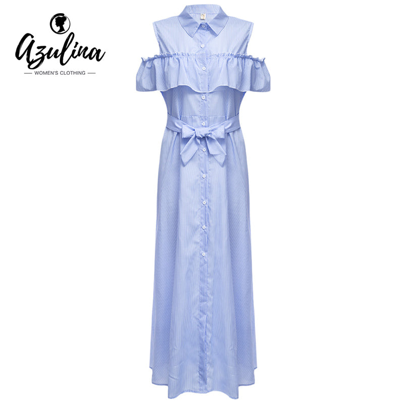 AZULINA Casual Maxi Blue Striped Shirt Dress Women 2017 Spring Summer Beach Long Dress Vestidos Lotus Sleeveless Sundress