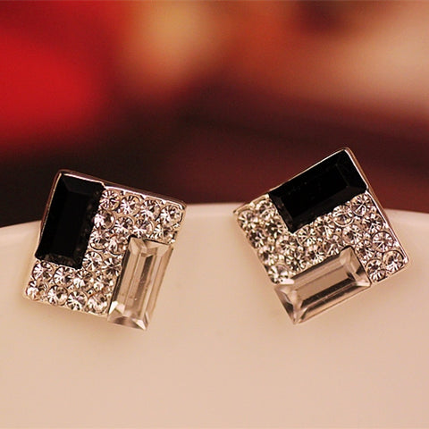 Er251 Korean Fashion Wild Ol Elegant Black And White Square Crystal Stud Earrings For Women Jewelry