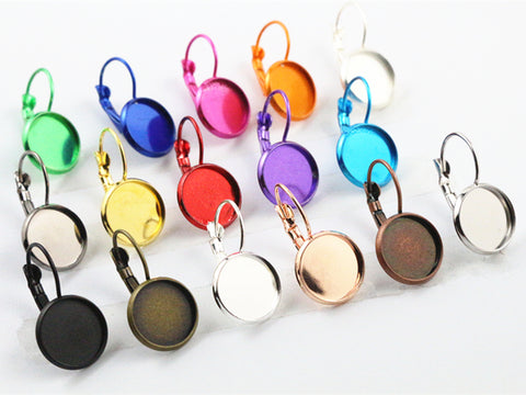 12mm 10pcs 19 Colors Plated French Lever Back Earrings Blank/Base,Fit 12mm Glass Cabochons,Buttons;Earring Bezels