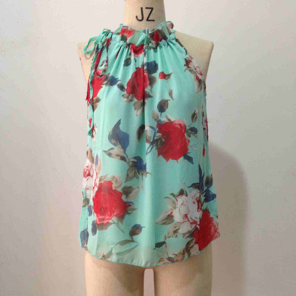 New  Fashion Women Sleeveless Chiffon Floral Print Blouses Ruffles Turtleneck Tops Shirt Vest Design Loose Brand T57334