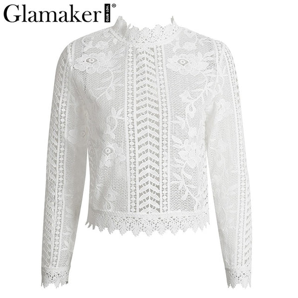 Glamaker sexy white lace blouse shirt Women tops elegant hollow out blouse Summer tops female blouse  long sleeve blusas
