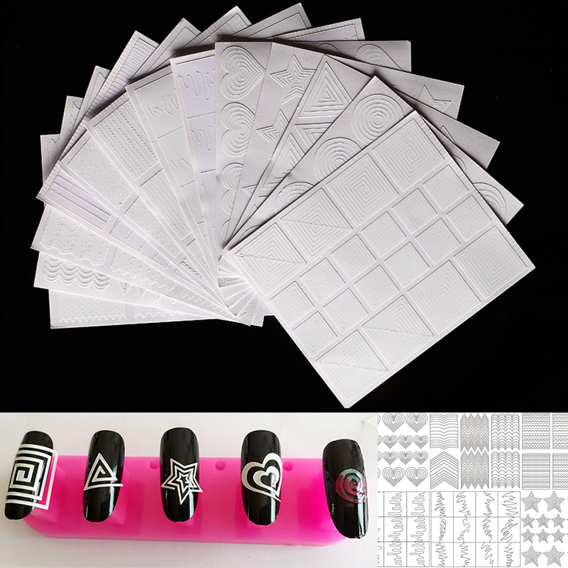 12 Style Nail Art Hollow Stencil Guide Sticker Set Gel Polish French Smile 3D DIY Image Foil Transfer Strip Template Form Decals