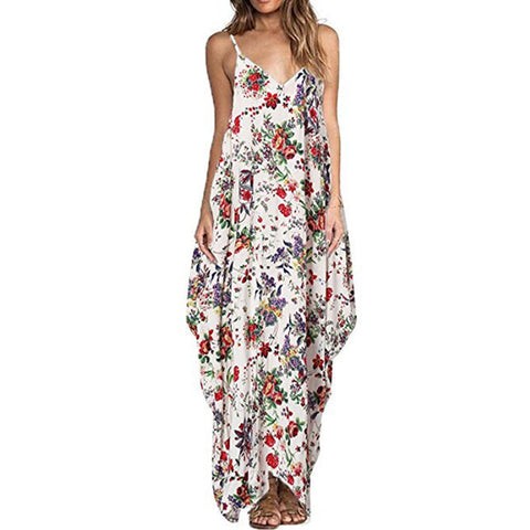 Print Floral Loose Boho Bohemian Beach Dress Women Sexy Strap V-Neck Retro Vintage Long Maxi Dress Summer 2017 Plus Size 3XL