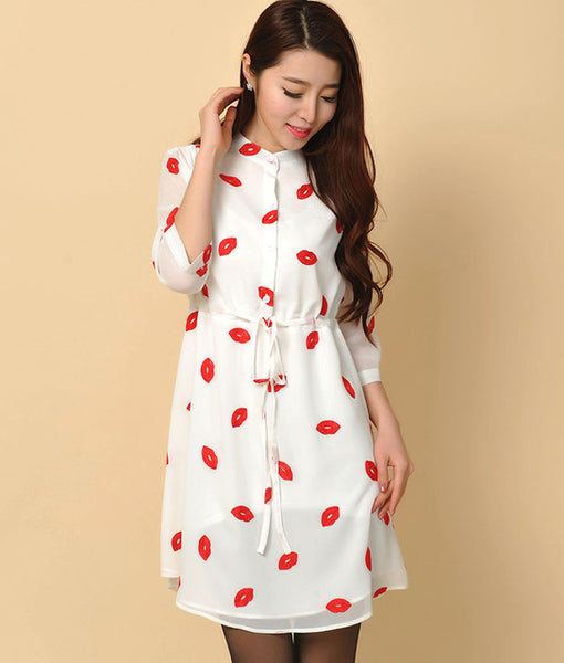 Casual Drawstring  Autumn Cute Red Lips Print Stand Collar lined Dresses Women Chiffon Dress with Sashes Plus Size S-4XL