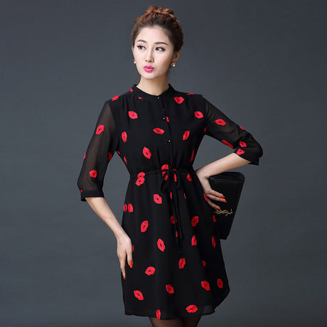 Casual Drawstring  Autumn Cute Red Lips Print Stand Collar lined Dresses Women Chiffon Dress with Sashes Plus Size S-4XL