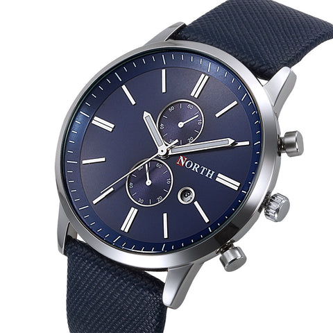 North Luxury Men Watches Business Casual Male Wristwatch Blue Silver Genuine Leather Unique Sport Man Quartz Watch Waterproof
