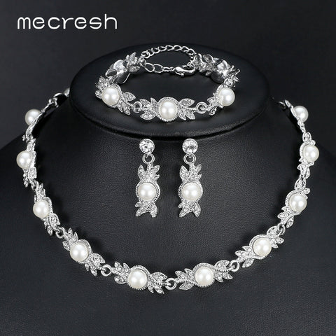 Mecresh Simulated Pearl Bridal Jewelry Sets Silver Color Wedding Necklace Sets Engagement Jewelry Accessories MTL444+MSL197