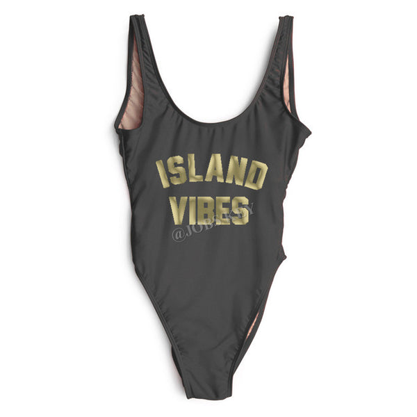 ISLAND VIBES Letter Women Swimsuit 2017 Sexy Low Back High Cut Swimwear Kids Bathing Beachwear Girls One Piece Black Bodysuit