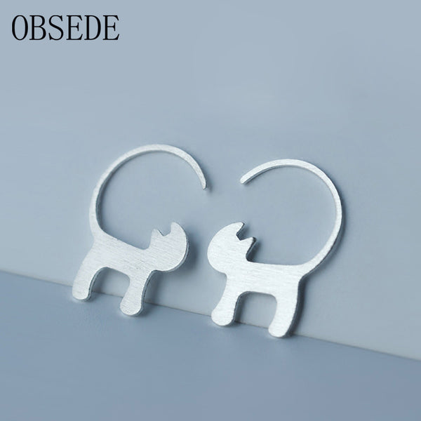 OBSEDE 2017 Fashion Women Earrings Sterling Silver Stud Earrings Small Funny Cross Cats Earring Fine Jewelry Gift For Girl